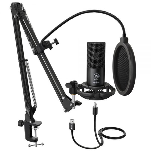 خرید میکروفون از علی اکسپرس  FIFINE Studio Condenser USB Computer Microphone Kit With Adjustable Scissor Arm Stand Shock Mount for YouTube Voice Overs-T669