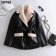 خرید کت زنانه از علی اکسپرس Toppies Winter Faux Fur Jacket Coat Women Black Faux Leather Parkas Fleece Thick Warm Outwear Belt