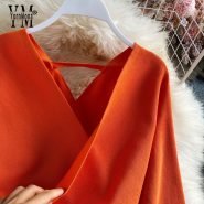 خرید لباس مجلسی زنانه از علی اکسپرس YornMona New Autumn Winter Women Knitted Dress V-neck Batwing Sleeve Sweater Dress Lady Elegant Sashes Bottoming Dress Vestidos