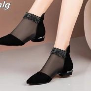 خرید صندل تابستانی از علی اکسپرس 2020 new summer sandals Pointed High heels Women shoes Black Lace Ankle Flower low Heel zipper flowers casual sandals