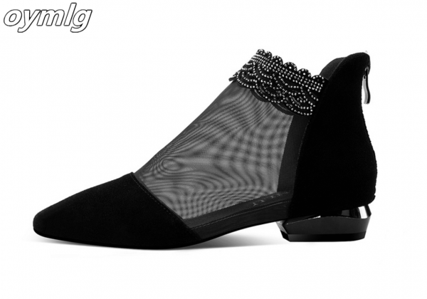 خرید صندل تابستانی از علی اکسپرس 2020 new summer sandals Pointed High heels Women shoes Black Lace Ankle Flower low Heel zipper flowers casual sandals