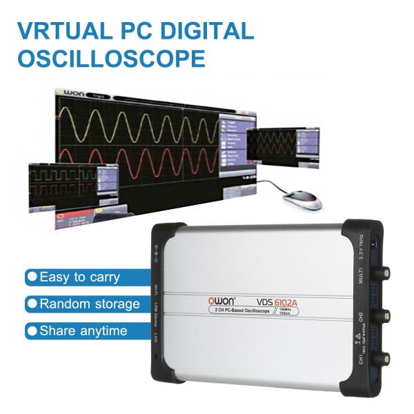 Owon VDS6102A USB PC Virtual Oscilloscope 2 Channel 100MHz 1Gsa/s 14bits Portable ADC Type-C Digital Oscilloscopes PC Scopemeter