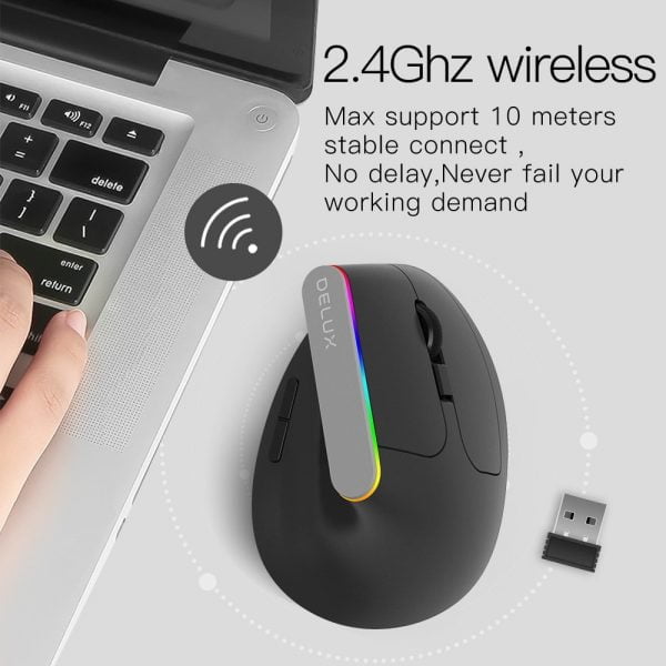 خرید موس از علی اکسپرس Delux M618C Wireless Mouse Ergonomic Vertical 6 Buttons Gaming Mouse RGB 1600 DPI Optical Mice With