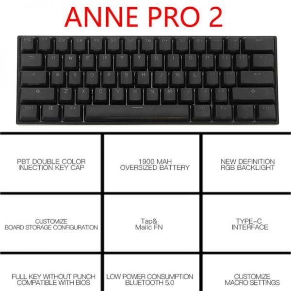 خرید کیبورد مکانیکی از علی اکسپرس Anne Pro 2 Pro2 NKRO Bluetooth 5.0 Type-C RGB 60% Mini Mechanical Gaming Keyboard Cherry Gateron Kailh Red Brown