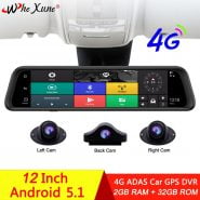 WHEXUNE12 Inch IPS 4 Channel 4G Android Dash Cam ADAS WIFI Car DVR Video Recorder Full HD 1080P Rearview Mirror GPS Navigation