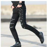 خرید شلوار مردانه از علی اکسپرس Idopy Fashion Slim Fit Pants Punk Style Black Patchwork Leather Zippers Dance Night Club Gothic Cool Jeans